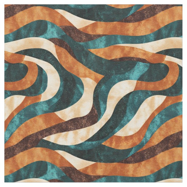Teal / Orange / Brown Abstract Swirling Lines Fabric (Close Up)