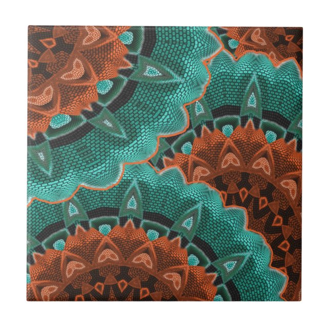 Teal Orange Brown Big Floral Abstract Pattern Tile (Front)
