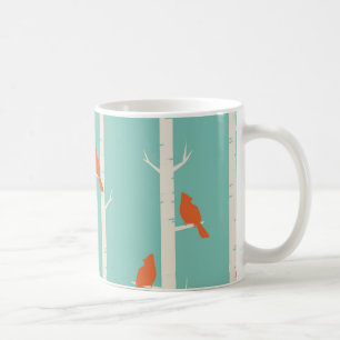Teal Orange Cardinals Birch Tree Modern Coffee Mug