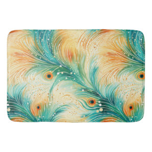 Teal Orange Cream Peacock Feathers Bath Mat