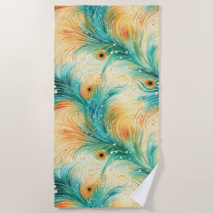Teal Orange Cream Peacock Feathers Beach Towel