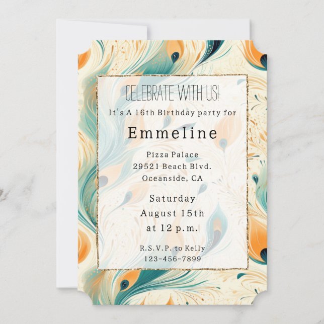 Teal Orange Cream Peacock  Feathers Invitation (Front)