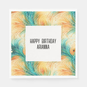 Teal Orange Cream Peacock Feathers Napkin