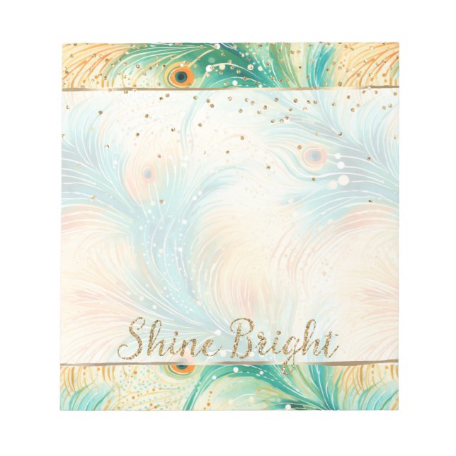 Teal Orange Cream Peacock Glitter Feathers Notepad (Front)