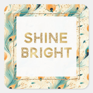 Teal Orange Cream Peacock Glitter Shine Square Sticker