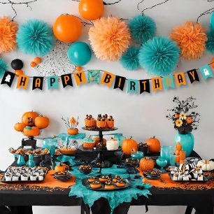 Teal & Orange Cute Ghost Halloween Candy Birthday Bunting Flags