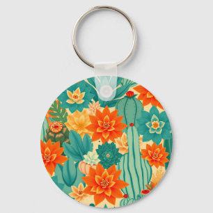 Teal Orange Desert Cactus Bloom Keychain