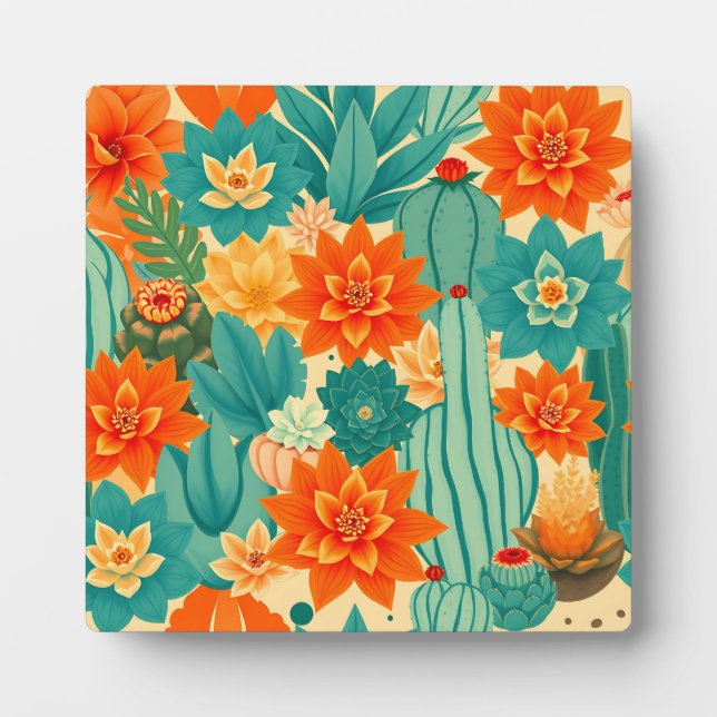Teal Orange Desert Cactus Bloom Plaque (Front)