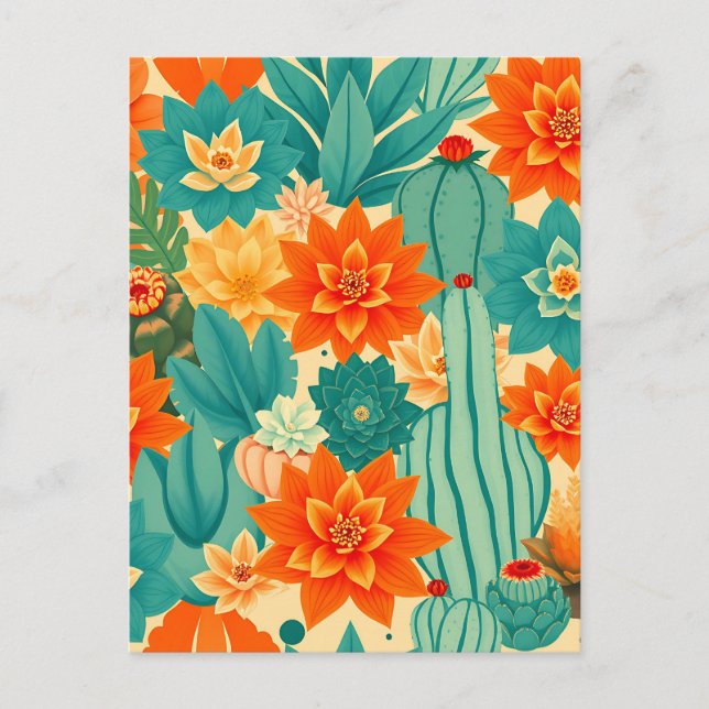 Teal Orange Desert Cactus Bloom Postcard (Front)