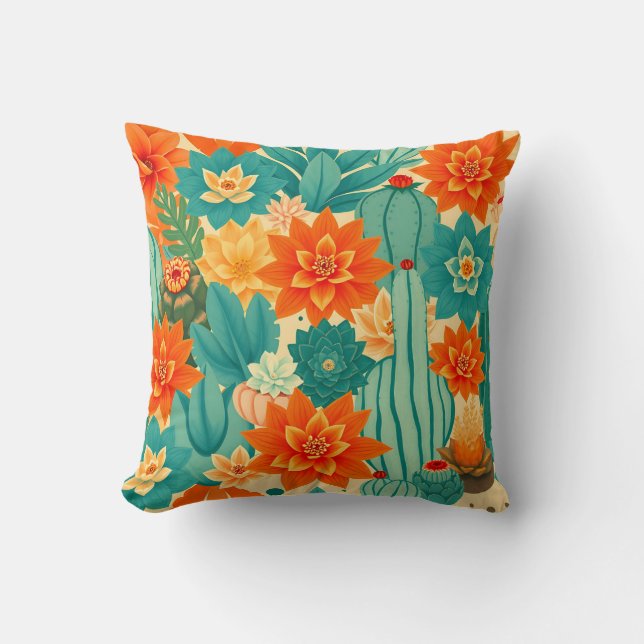Teal Orange Desert Cactus Bloom Throw Pillow (Front)