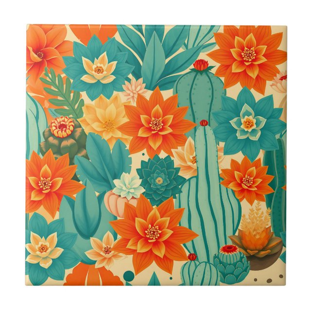 Teal Orange Desert Cactus Bloom Tile (Front)