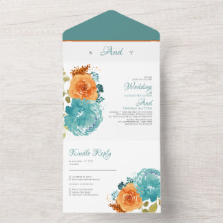 Teal Orange Fall Floral Terracotta Boho Wedding All In One Invitation