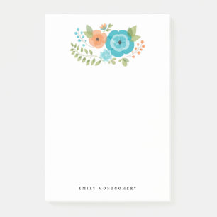 Teal Orange Floral Greenery Personal Monogram Post-it Notes