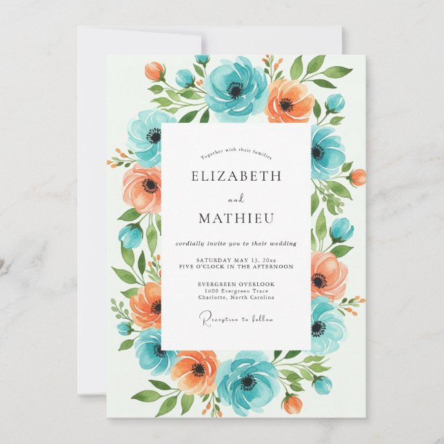 Teal Orange Floral Wedding Invitation (Front)