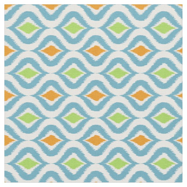 Teal Orange Green Retro Chic Ikat Drops Pattern Fabric (Close Up)