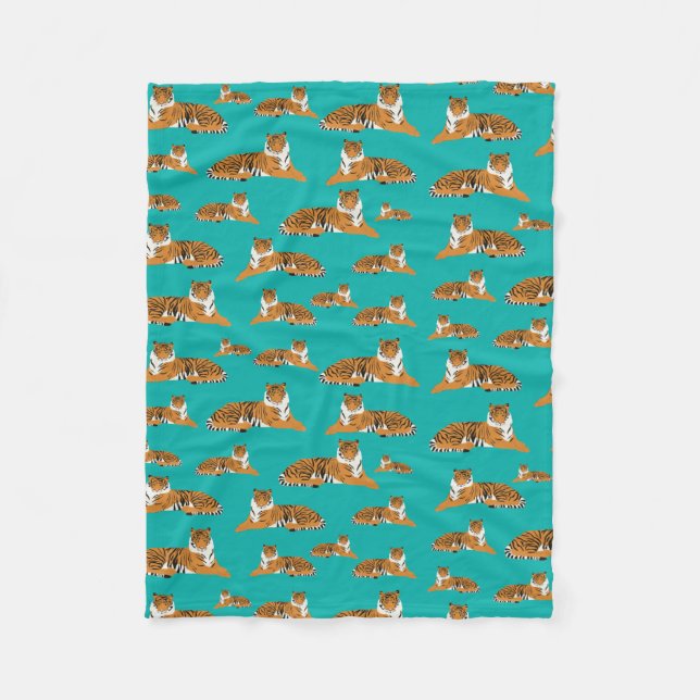 Teal Orange Jungle Tiger Animal Pattern  Fleece Blanket (Front)
