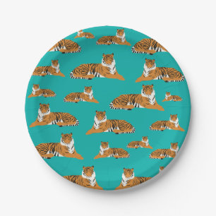 Teal Orange Jungle Tiger Animal Pattern Paper Plate