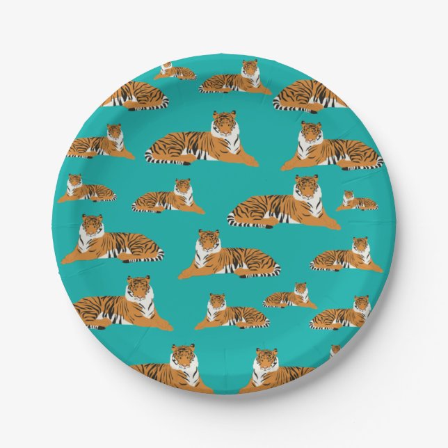 Teal Orange Jungle Tiger Animal Pattern  Paper Plate (Front)