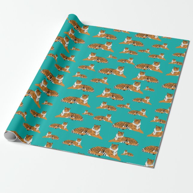 Teal Orange Jungle Tiger Animal Pattern  Wrapping Paper (Unrolled)