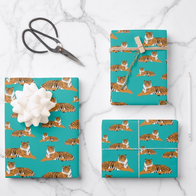 Teal Orange Jungle Tiger Animal Pattern Wrapping Paper Sheet (Front)