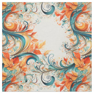 Teal & Orange Leaves Fabric