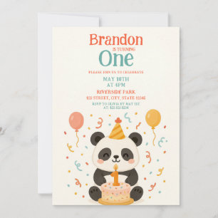 Teal & Orange Panda Cake and Balloons 1st Birthday Invitation