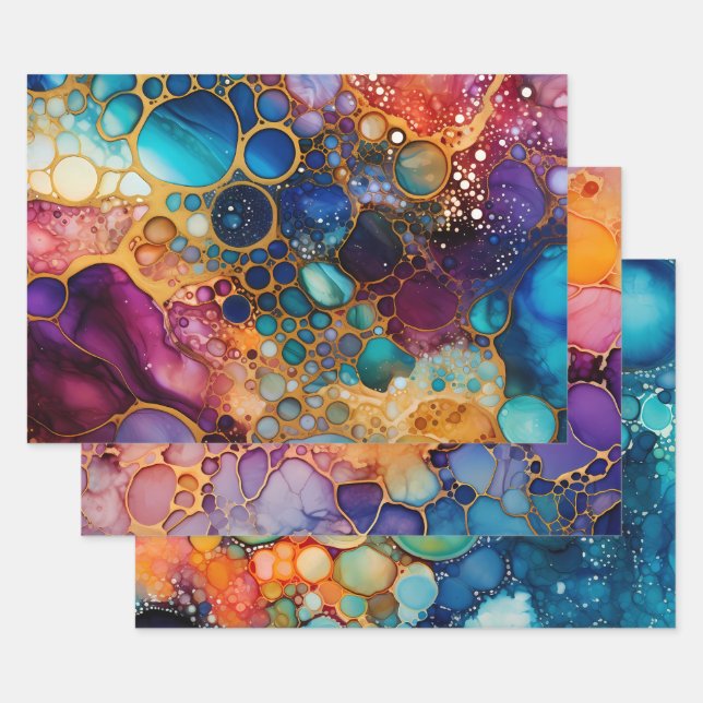Teal Orange Purple Abstract Alcohol Ink  Wrapping Paper Sheet (Set)