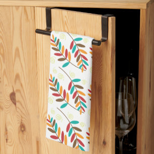Teal, Orange, Red, Brown Fall Leaf Pattern Kitchen Towel