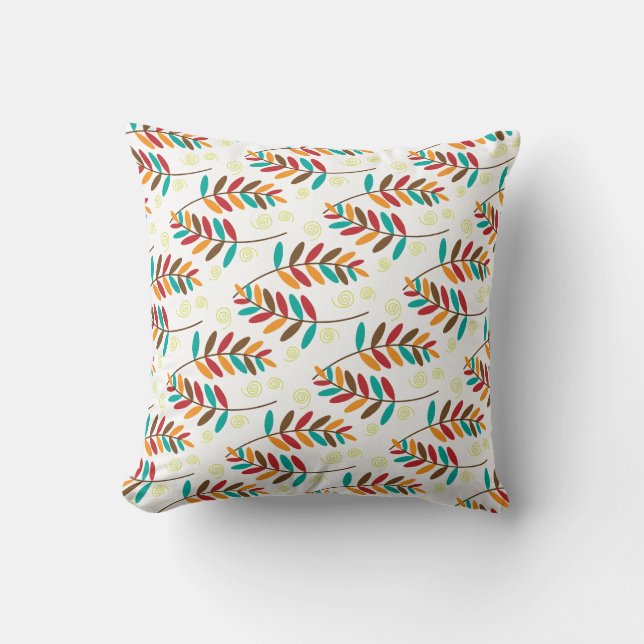Teal, Orange, Red, Brown Fall Leaf Pattern Throw Pillow (Front)