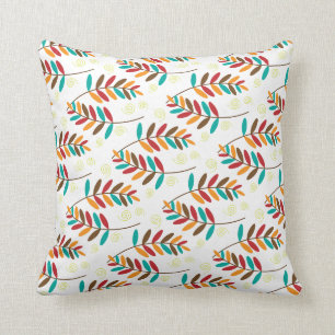 Teal, Orange, Red, Brown Fall Leaf Pattern Throw Pillow
