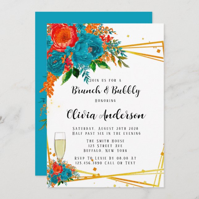 Teal Orange Red Florals Gold Brunch and Bubbly Invitation (Front/Back)