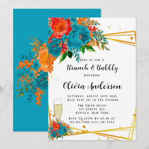 Teal Orange Red Florals Gold Brunch and Bubbly Invitation