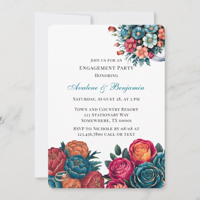 Teal Orange Red Peony Bouquet Engagement Party Invitation (Front)