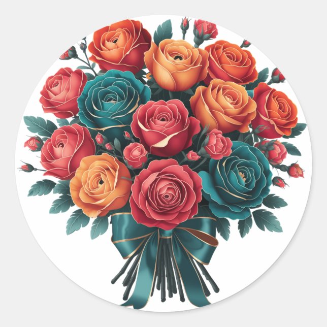 Teal Orange Red Peony Bouquet Wedding Classic Round Sticker (Front)