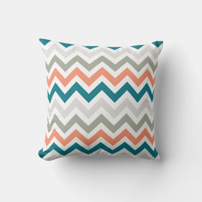 Teal Orange Sage Grey Chevron Zigzag Pattern Throw Pillow (Front)