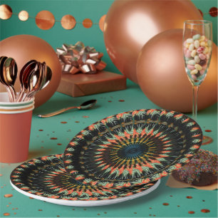 Teal Orange Spiral Earthy Vibe Design Paper Plate