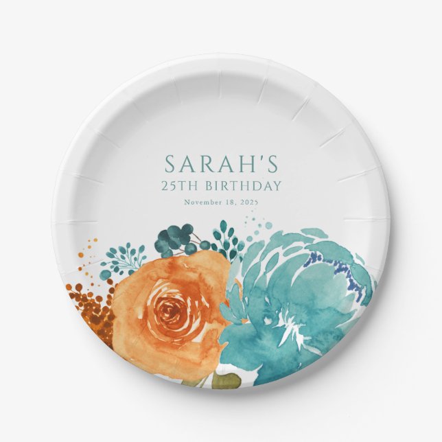 Teal Orange Terracotta Boho Fall Floral  Paper Plate (Front)