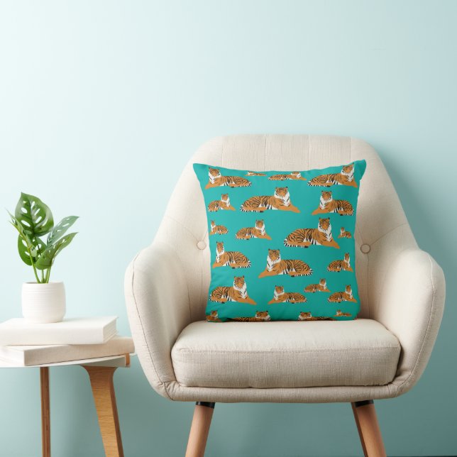 Teal Orange Tiger Animal Pattern Throw Pillow (Chair)