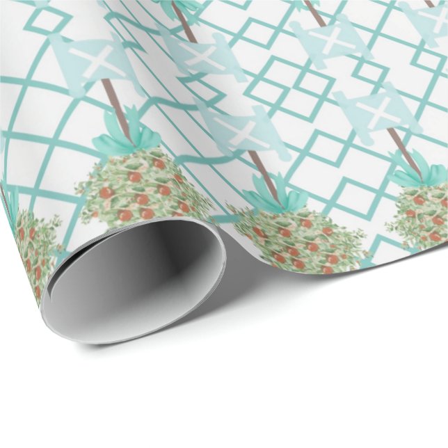 Teal Orange Topiary Robin's Egg Blue  Wrapping Pap Paper (Roll Corner)