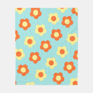 Teal Orange Tropical Floral Botanical Summer Fleece Blanket