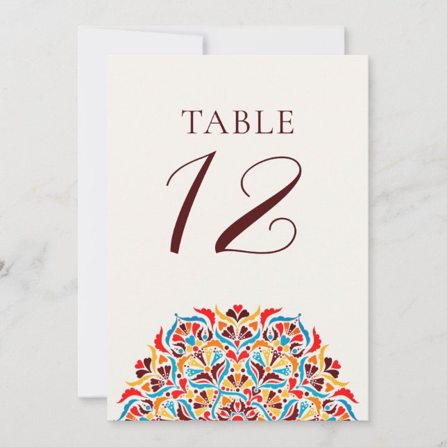 Teal Orange Whimsical Floral Wedding Table Number (Front)