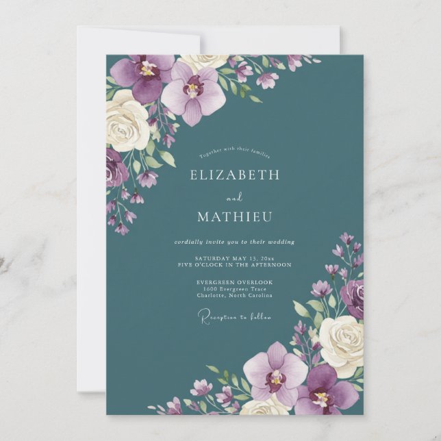 Teal Orchid Botanical Wedding Invitation (Front)