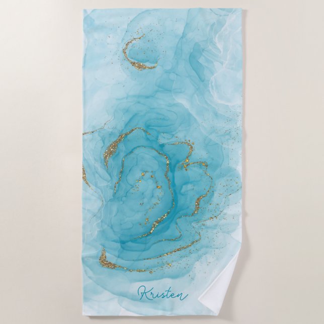 Teal Paint and Glitter Pattern Personalized Beach Towel (Front)