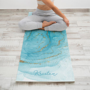 Teal Paint and Glitter Pattern Personalized Yoga Mat