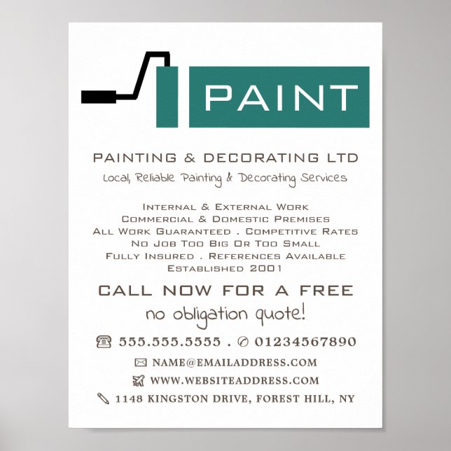 Teal Paint Roller, Painter & Decorator Advertising Poster (Front)