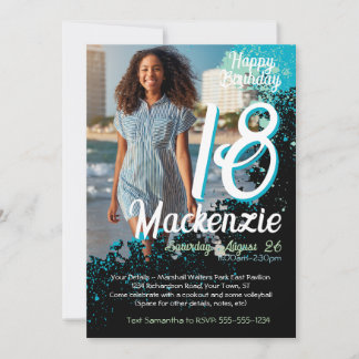 Teal Paint Splatter Photo 18th Birthday Invitation