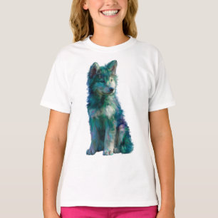 Teal Painterly Wolf Pup Kids T-Shirt