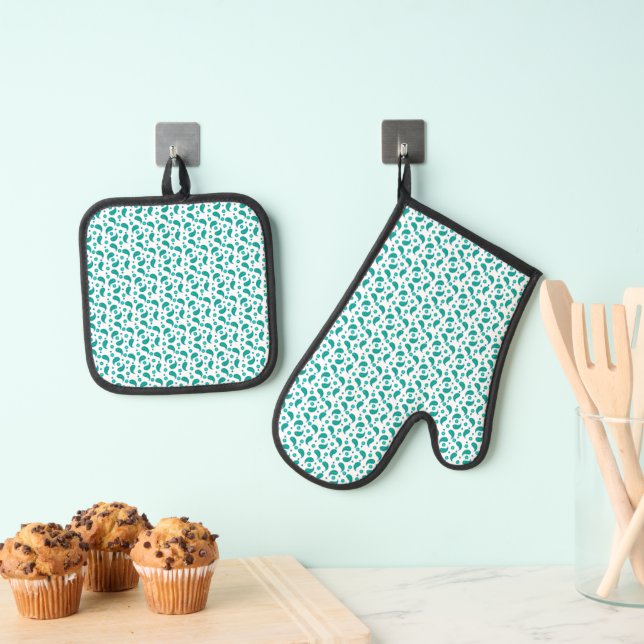 Teal Paisley Floral Pattern • Modern Boho Oven Mitt & Pot Holder Set (Insitu(Hanging))