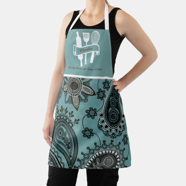 Teal paisley Personalized custom cook's Apron (Insitu)