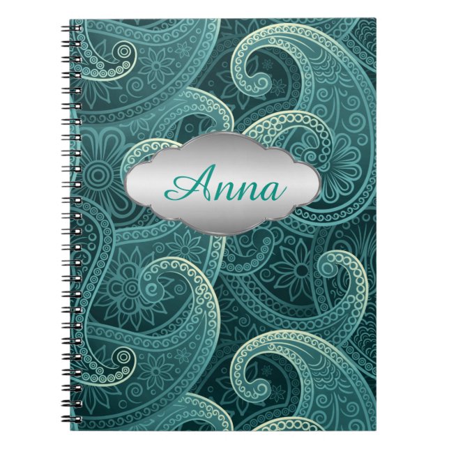Teal Paisley Timeless Pattern Personalized Notebook (Front)